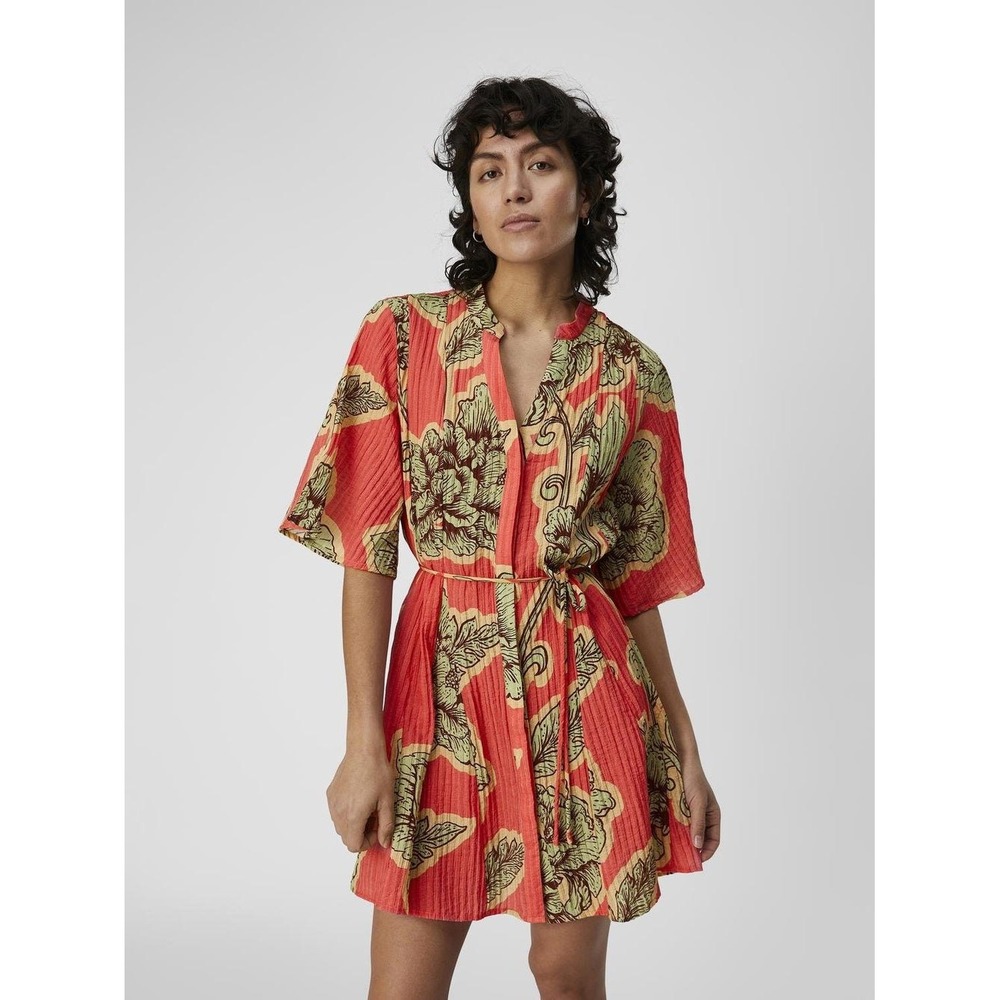 Object Collectors Item Floral Mini Dress Red Coral‎ Green Short Sleeve Size 36 - Picture 2 of 10